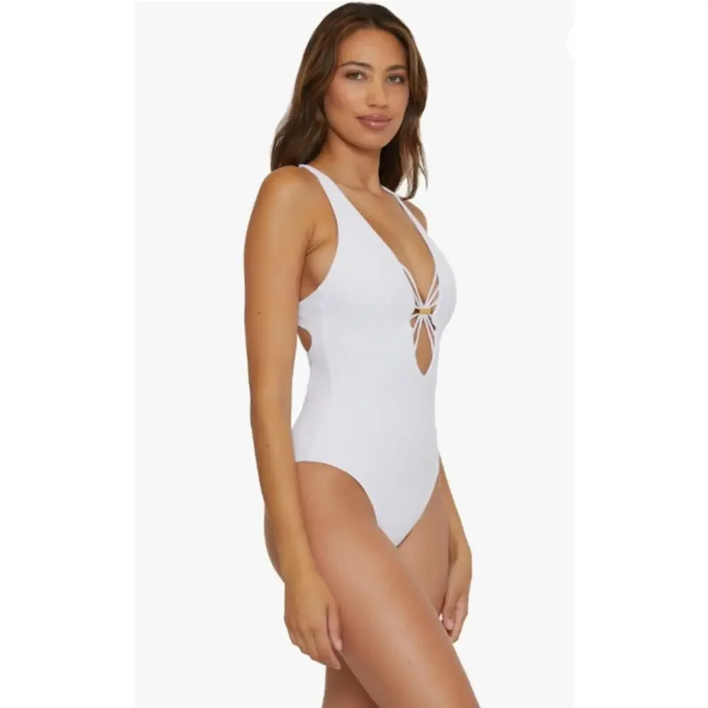BECCA Women's Modern Edge Haley One Piece Swimsuit Large White Plunge Neck NWT